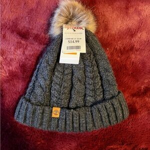 Timberland Charcoal Knit Beanie with Tan Pom